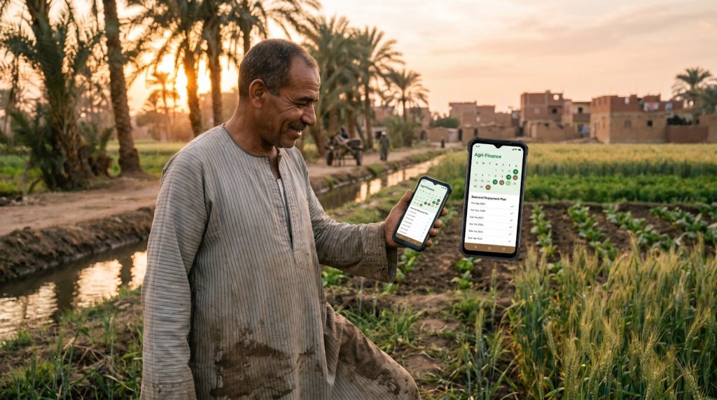 Egyptian farmer in a field using the FUSION Agri-Finance app for seasonal repayment planning