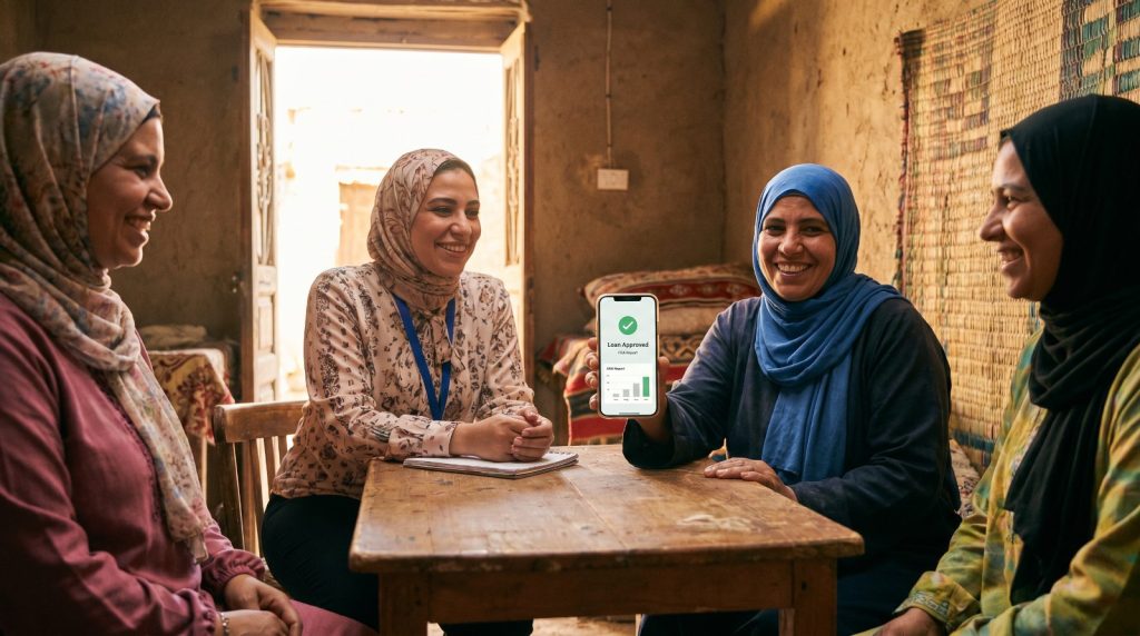 Microfinance loan officer meeting a group of women entrepreneurs using the FUSION lending app